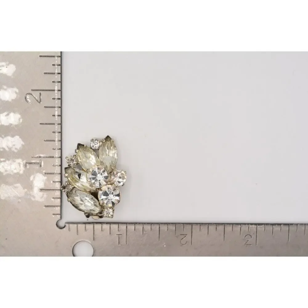 Vintage Crystal Clip Pm Earrings Shiny Rhinestone Marquise Silver 1980s BinAA